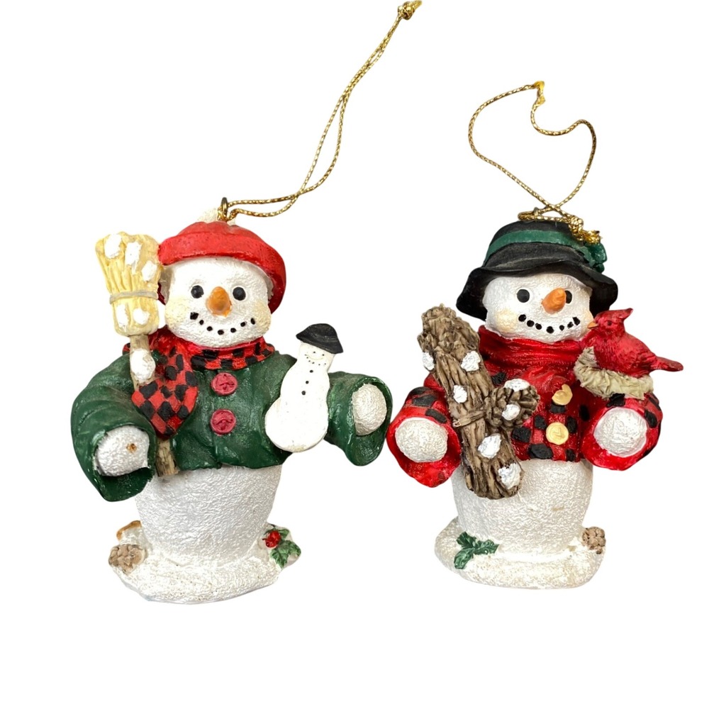 Vintage Resin Snowman Christmas Ornaments Set of 2 Buffalo Plaid Cardinal Broom